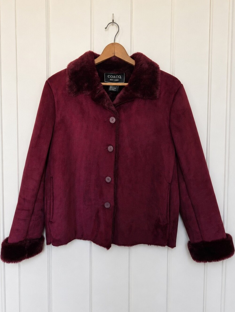 Coaco Women's Burgundy Penny Lane Coat Size S Faux Fur Trim Y2K Bratz Statement